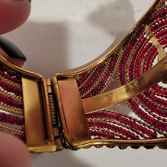 Beaded Hinged Cuff Bracelet, Gold Tone and Red Beads - Picture 5 of 11